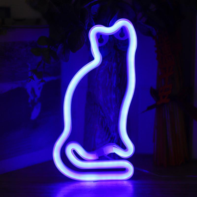 Неоновий світильник настінний декоративний-нічник Котик Синій на батарейках/USB 17х23,5 см (2690206651)