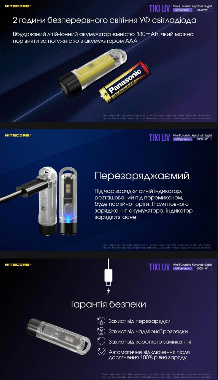 Фонарь наключительный Nitecore TIKI USB Type-C UV 70 Лм 1000 mW (18098988) - фото 6