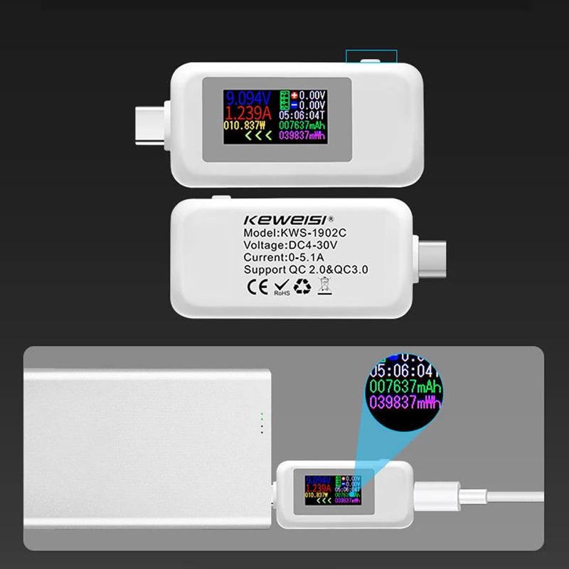 Тестер USB багатофункціональний Keweisi KWS-1902C 10в1 Type-C QC3.0 4-30 V 5 A White (2101109000002) - фото 8