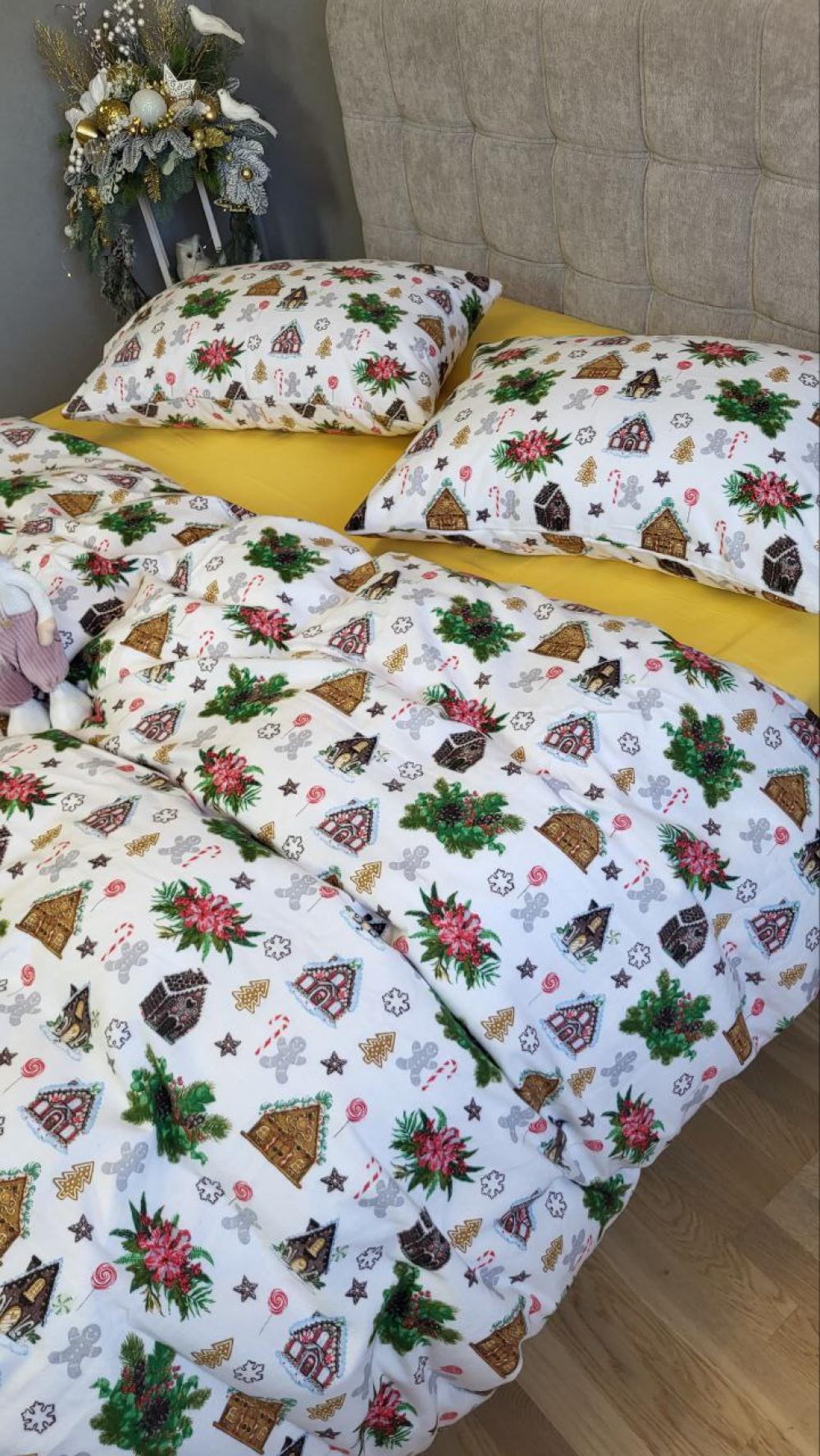 Комплект постельного белья Комфорт текстиль Фланель Сладкие избушки 180x215 см с простынью на резинке 70x70 см Желтый