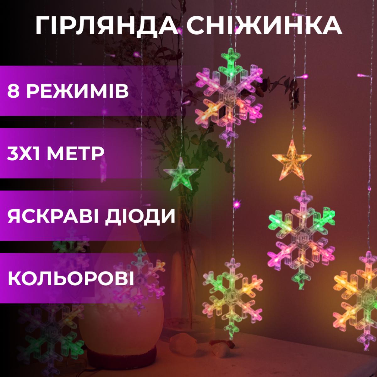 Гірлянда штора зірки та сніжинки GarlandoPro 1733061ML з ПВХ 12 фігур 3х1 м Різнокольоровий (100-107- 1733061ML) - фото 2