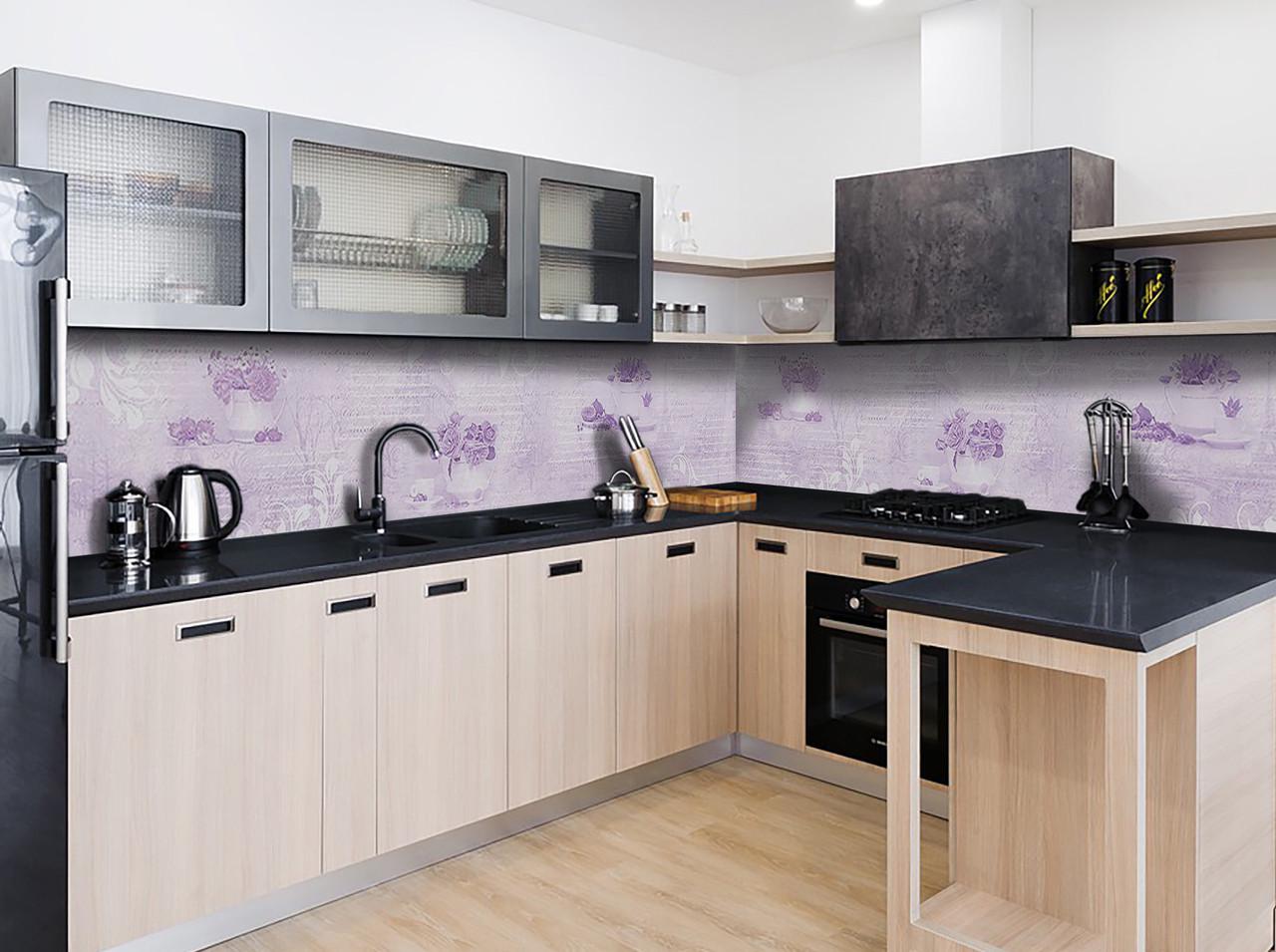 Кухонный фартук Сиреневые цветы и текст из самоклеющейся виниловой пленки 60х250 см Фиолетовый