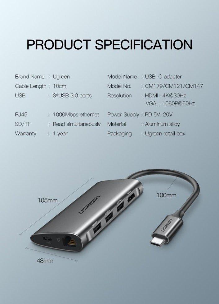 Концентратор UGREEN CM179 Multi Port 9в1 Type-C Adapter (40873) - фото 4