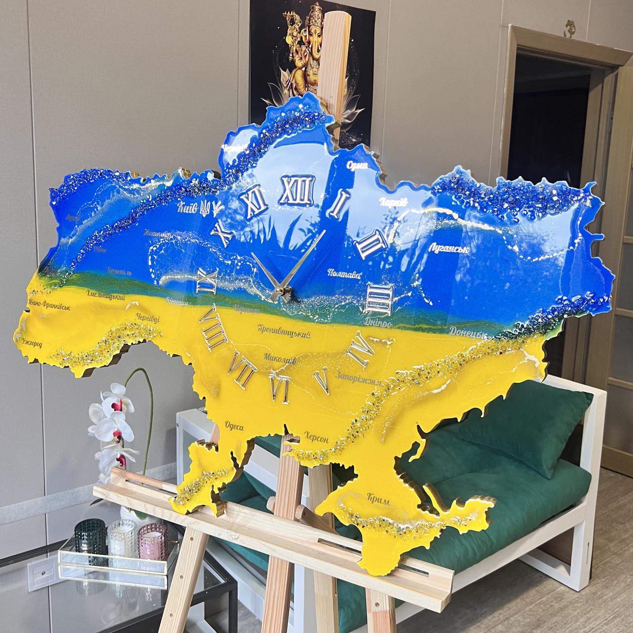 Годинник настінний з епоксидної смоли Карта України 50x32 см