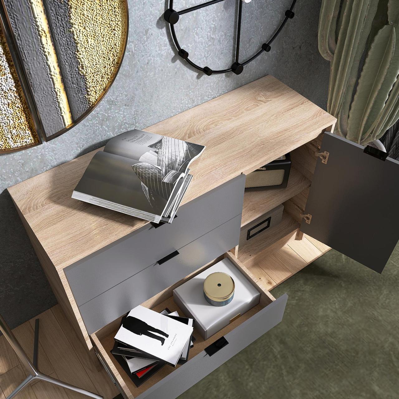 Комод с дверцей и 3 ящиками Эверест Сити-1150 115,2x38x74,6 см Дуб сонома/Графит (EVR-071099) - фото 4 Комод с дверцей и 3 ящиками Эверест Сити-1150 115,2x38x74,6 см Дуб сонома/Графит (EVR-071099) - фото 4