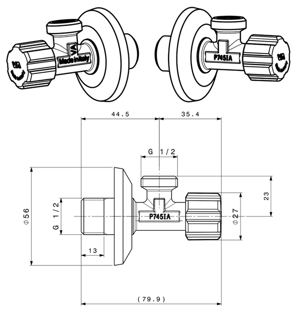 Кран вентильный для сантехприборов Ø 1/2"х1/2"" VA Albertoni srl (C408681) - фото 2