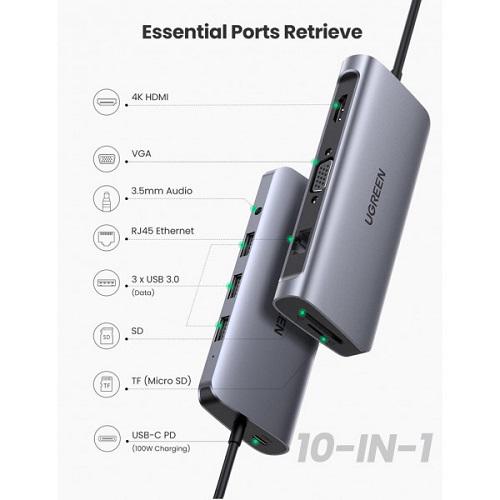 Док-станція USB3.0 Type-C USB UGreen CM179 3.0x3/HDMI/VGA/TRS/RJ45/SD&TF/PD 80133 - фото 6