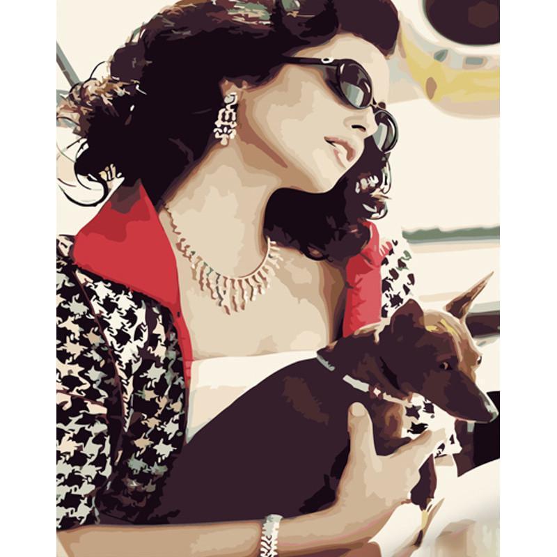 Картина за номерами Strateg Преміум Леді з собачкою з лаком 40х50 см (GS1267)