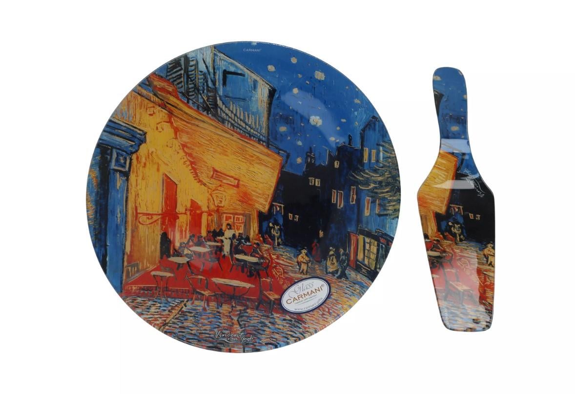 Тарелка стеклянная для торта Саrmanі с лопаткой Ван Гог Ночная терраса в кафе d 30 см (198-1227)