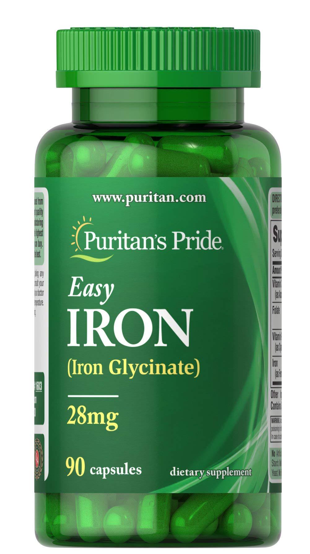 Залізо Puritan's Pride Easy Iron 28 mg Iron Glycinate 90 капс. - фото 1