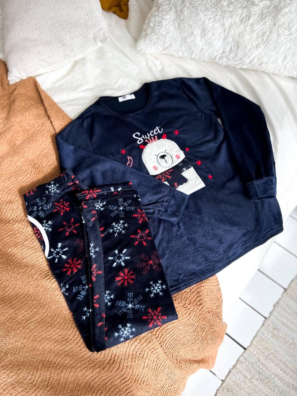 Пижама женская теплая DO2162 с принтом медвежонка M Синий