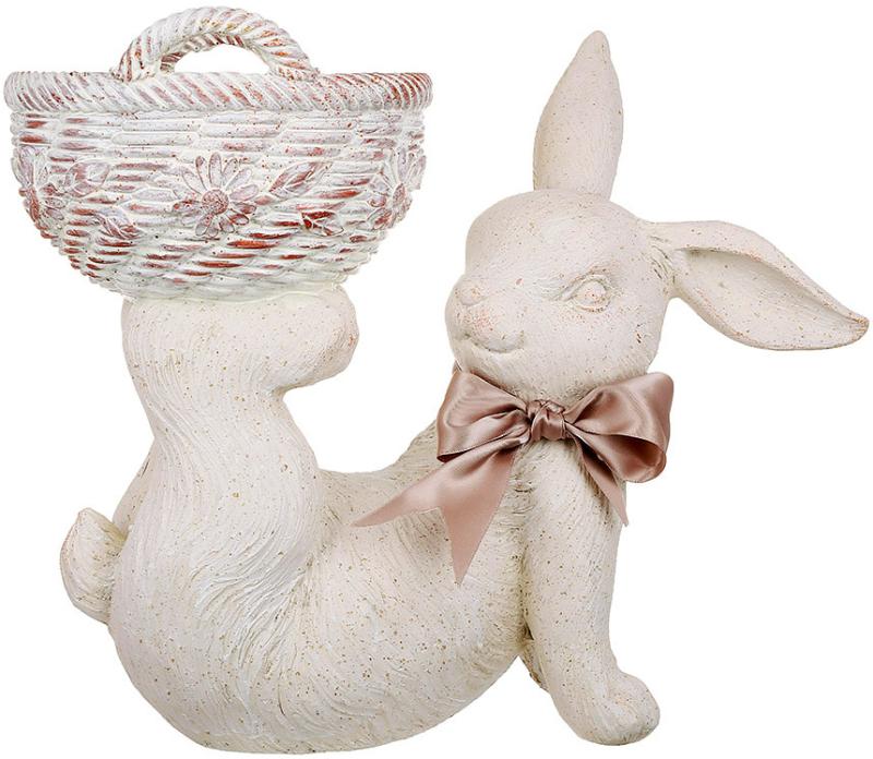 Кашпо декоративное Кролик с корзиной 31 см Белый с коричневым