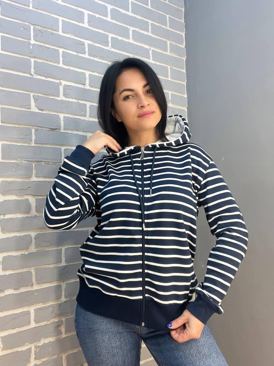 Толстовка жіноча PEPPER MINT 24-01 в смужку на блискавці з капюшоном OS Темно-синій (1375) - фото 7