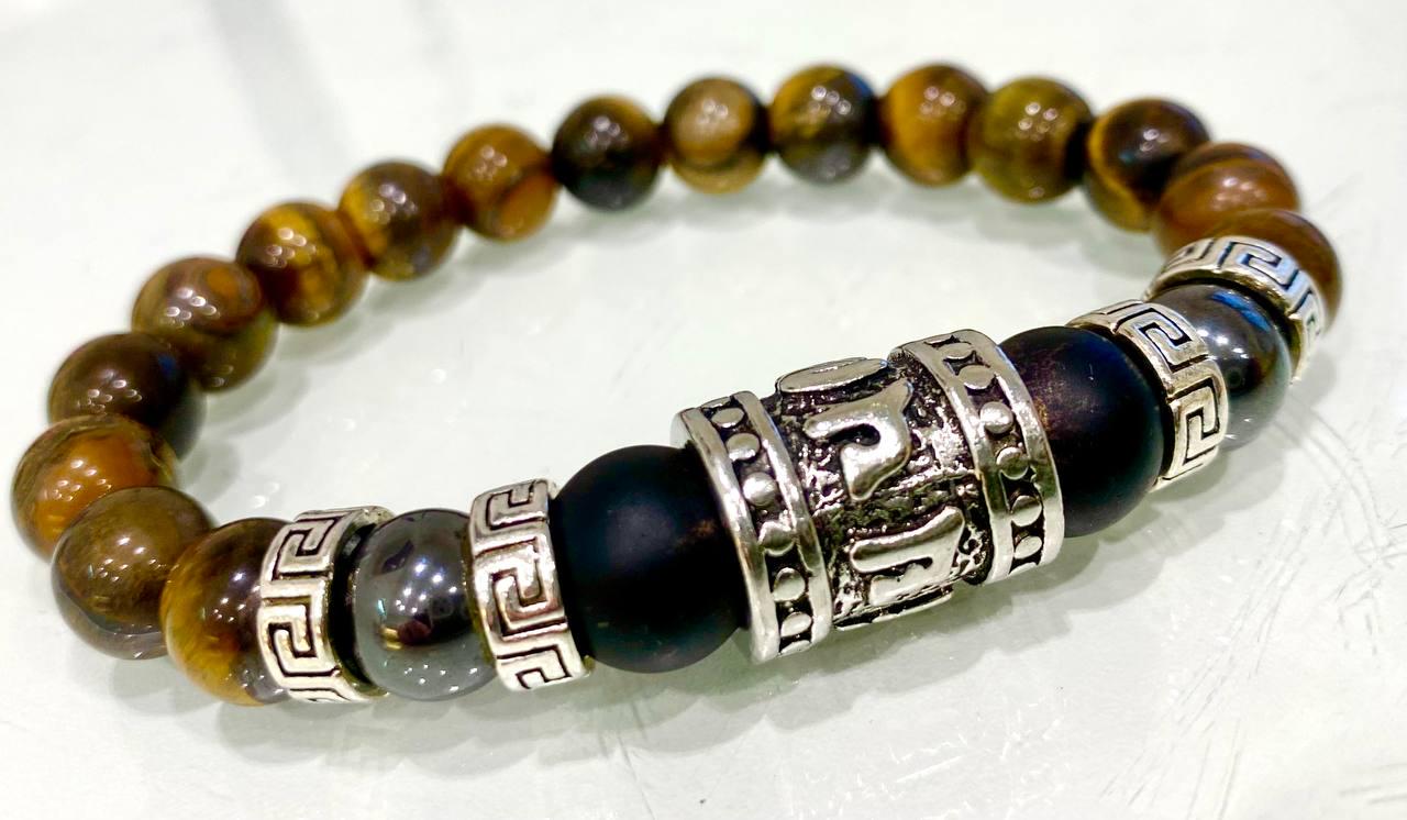 Браслет LITAURS из натуральных камней оникс/тигровый глаз/гематит и металлическими вставками М 15-17 см (241210)