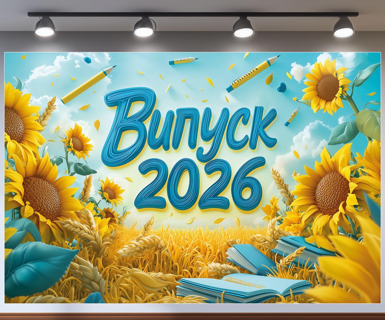 Баннер для фотозоны "Випуск 2026" подсолнечники и колосья пшеницы на голубом небе праздничный фон 240x160 см №41307