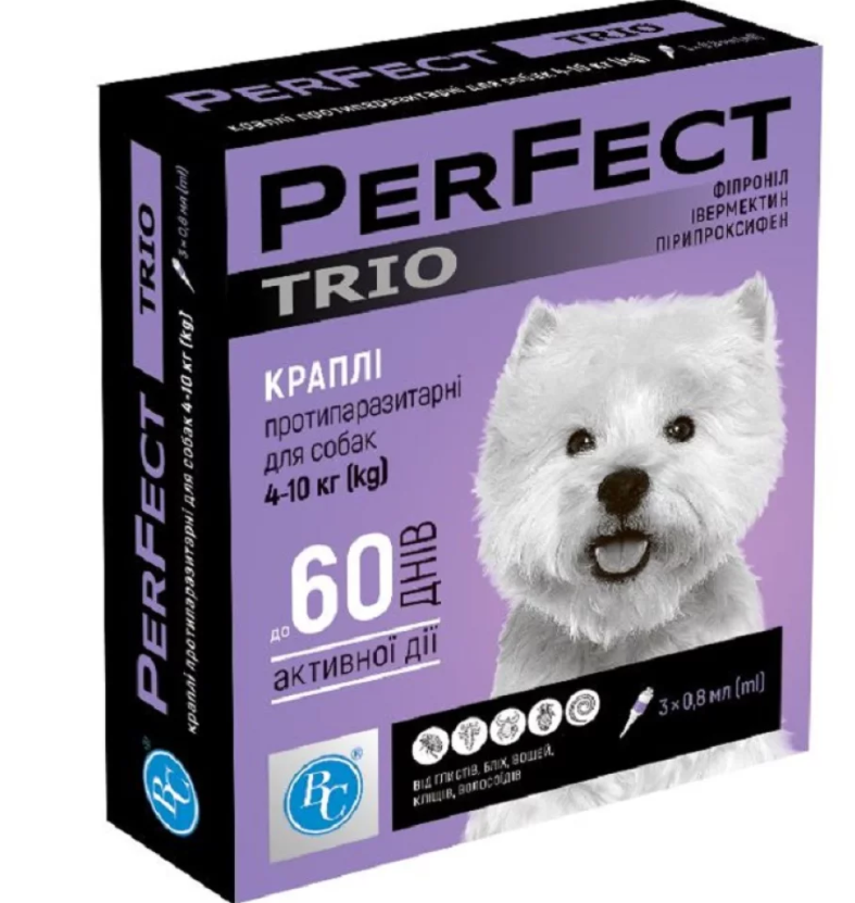 Краплі Ветсинтез PerFect TRIO для собак 4-10 кг 0,8 мл 3 піпетки