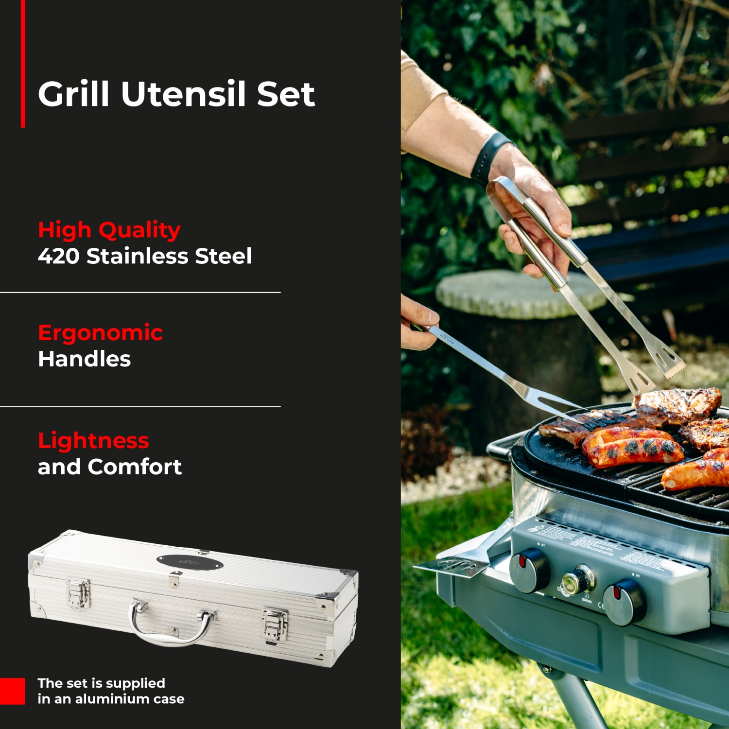 Столові прибори для гриля барбекю Adler AD 6729 нержавіюча сталь в алюмінієвому футлярі (03978) - фото 18 Столові прибори для гриля барбекю Adler AD 6729 нержавіюча сталь в алюмінієвому футлярі (03978) - фото 18