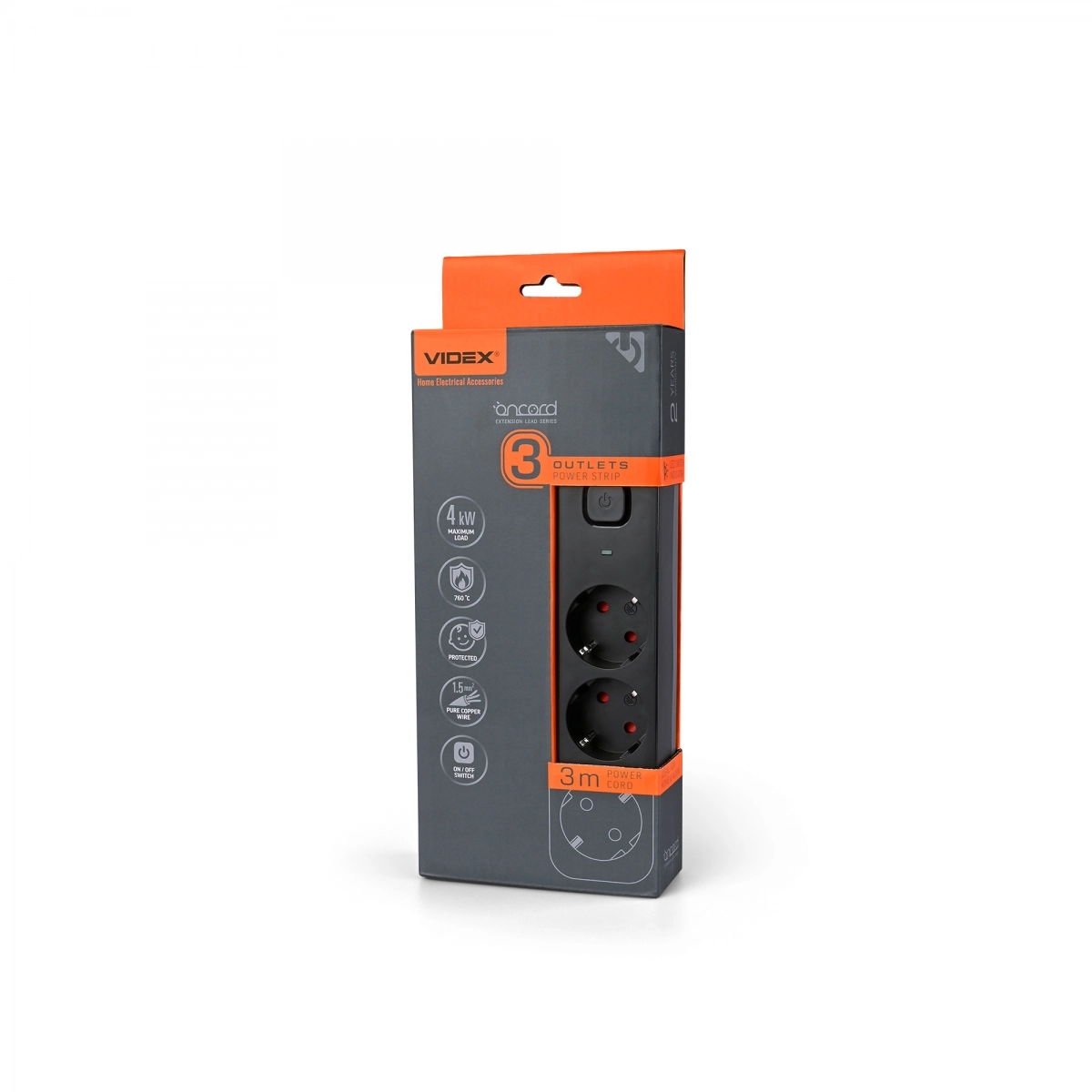 Подовжувач мережевий VIDEX ONCORD з/з 3п з кнопкою 3 м 3x1,5 мм Black (VF-PD33G-B)