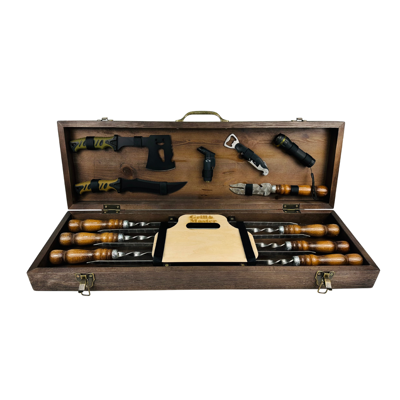 Набор шампуров из нержавеющей стали Кемпинг в кейсе из дерева с аксессуарами