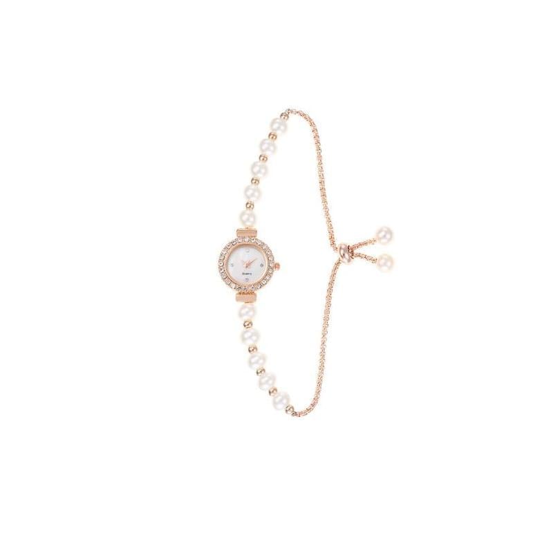 Наручний кварцовий годинник з регульованим браслетом із перлин та стразами Рожеве золото (2690598357)