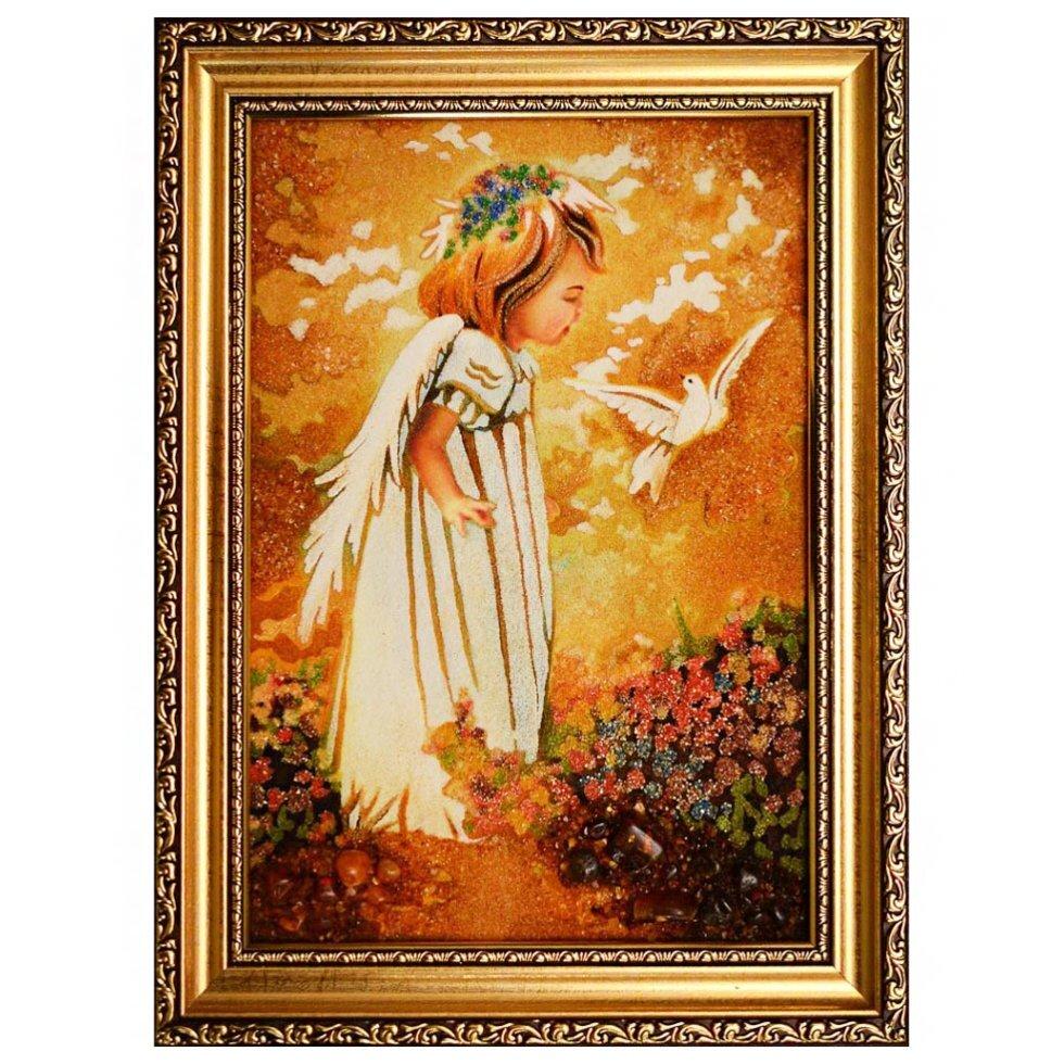 Картина Ангелочек с голубкой из янтаря 20х30 см (К0109-20х30)