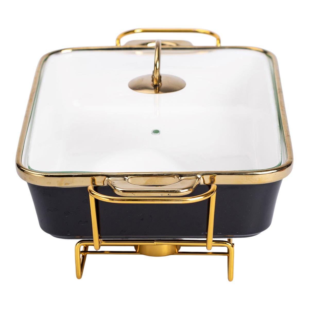 Мармит фарфоровый со стеклянной крышкой на металлической подставке 40х22,5х15,5 см 2 л Черный - фото 3