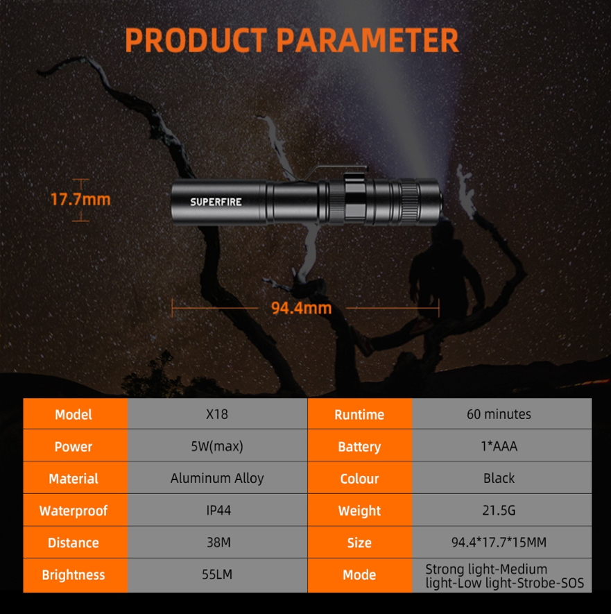Фонарь карманный SuperFire компактный водонепроницаемый (X18) - фото 5