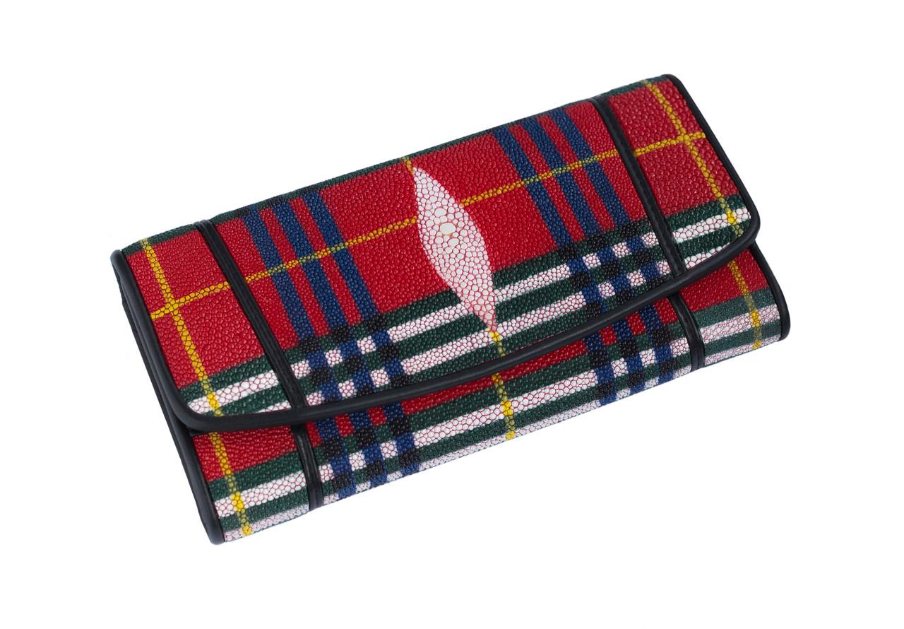 Гаманець Ekzotic leather зі шкіри ската Червоний у клітку (stw 97)