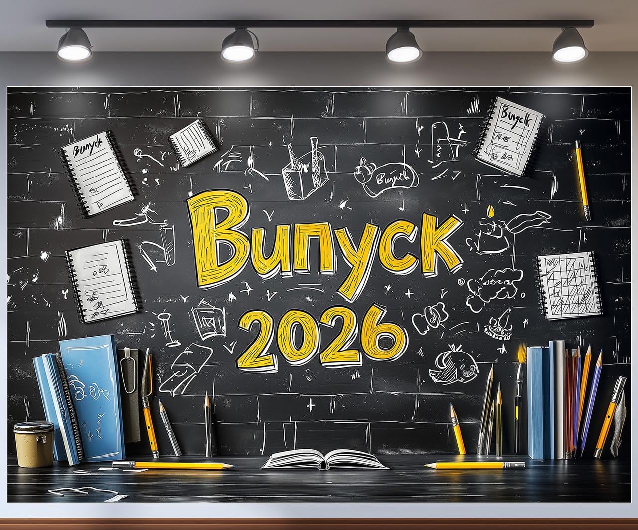 Баннер для фотозоны "Випуск 2026" черная кирпичная стена с меловыми надписями и тетрадями фон 300x200 см №41319