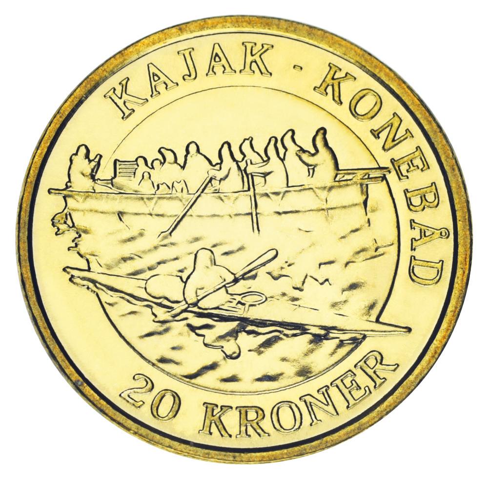 Коллекционная монета Дания 20 крон 2010 AU-UNC Корабли-Каяк-Умиак (М25339)