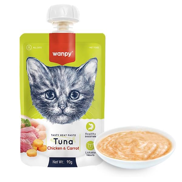 Корм для котов жидкий Wanpy Tuna Chicken&Carrot крем-пюре тунец и курица с морковью дой-пак 90 г (RAС-41)