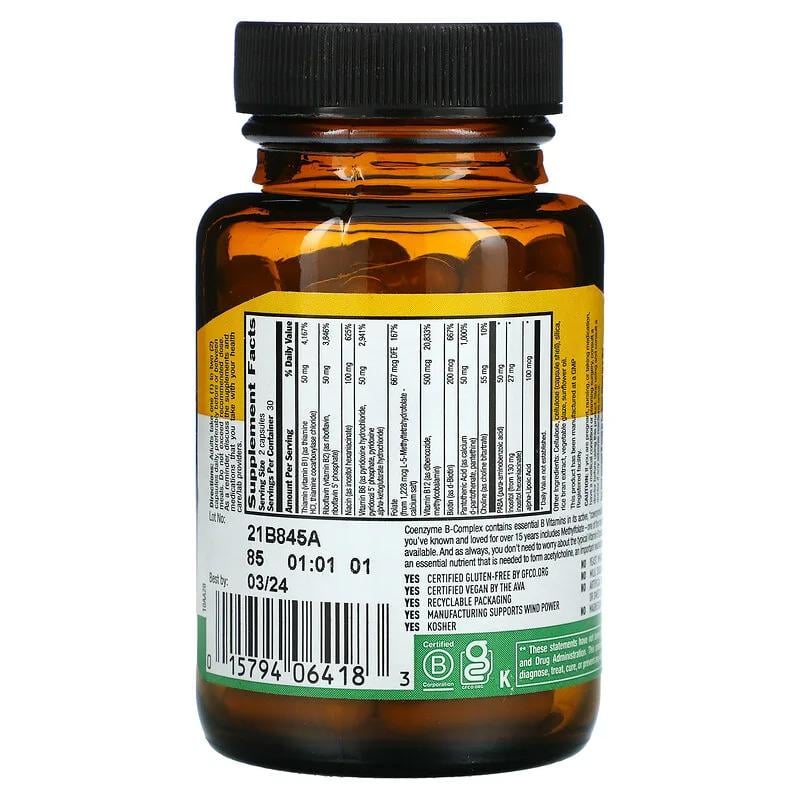 Коензим В-комплекс Country Life Coenzyme B-Complex Caps кофермент вітамінів групи B 60 капсул (995097009) - фото 2