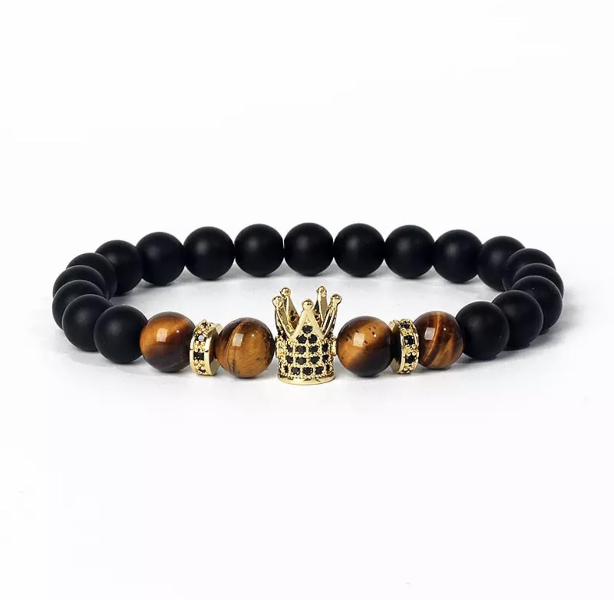 Браслет із шунгіту та тигрового ока з високою короною р. 22 Чорний/Коричневий (20016)