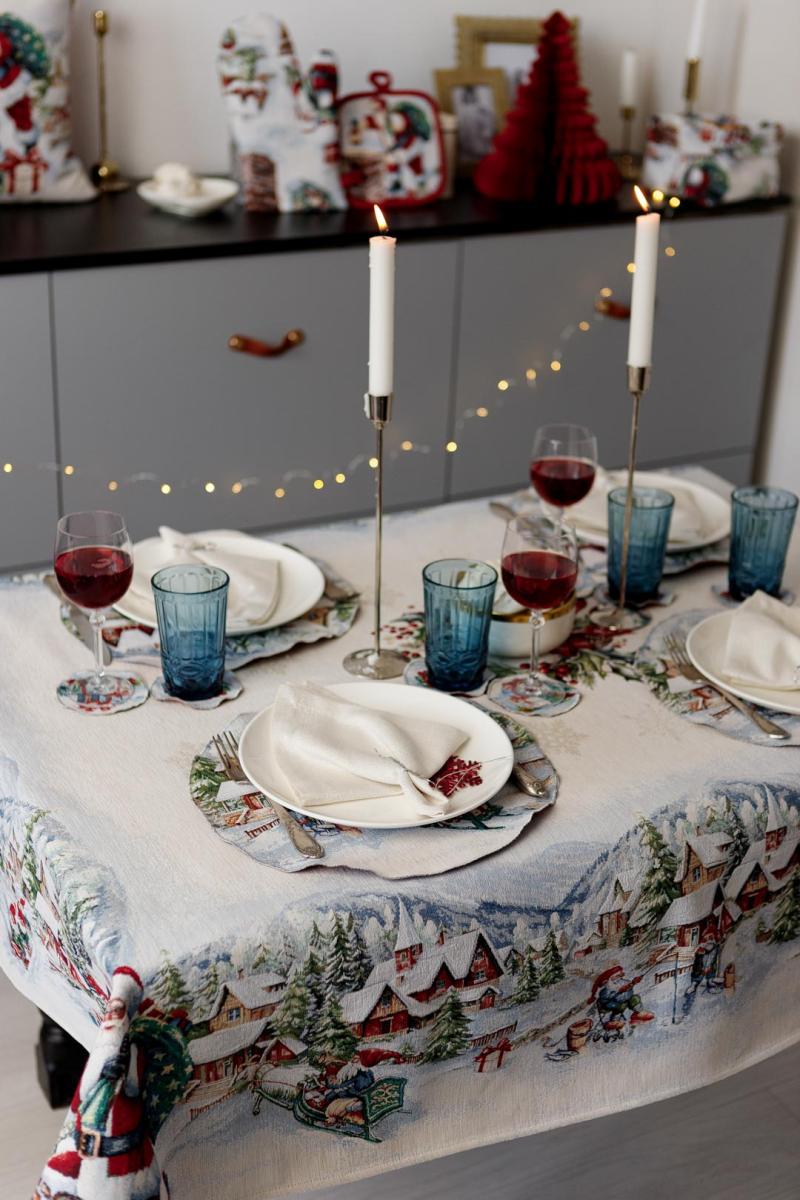 Скатертина гобеленова з велюром Снігова зима 135х260 см (037474)