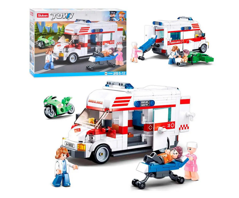 Конструктор Sluban M38-B1065 швидка допомога каталка мотоцикл та фігурки 328 деталей 17 см