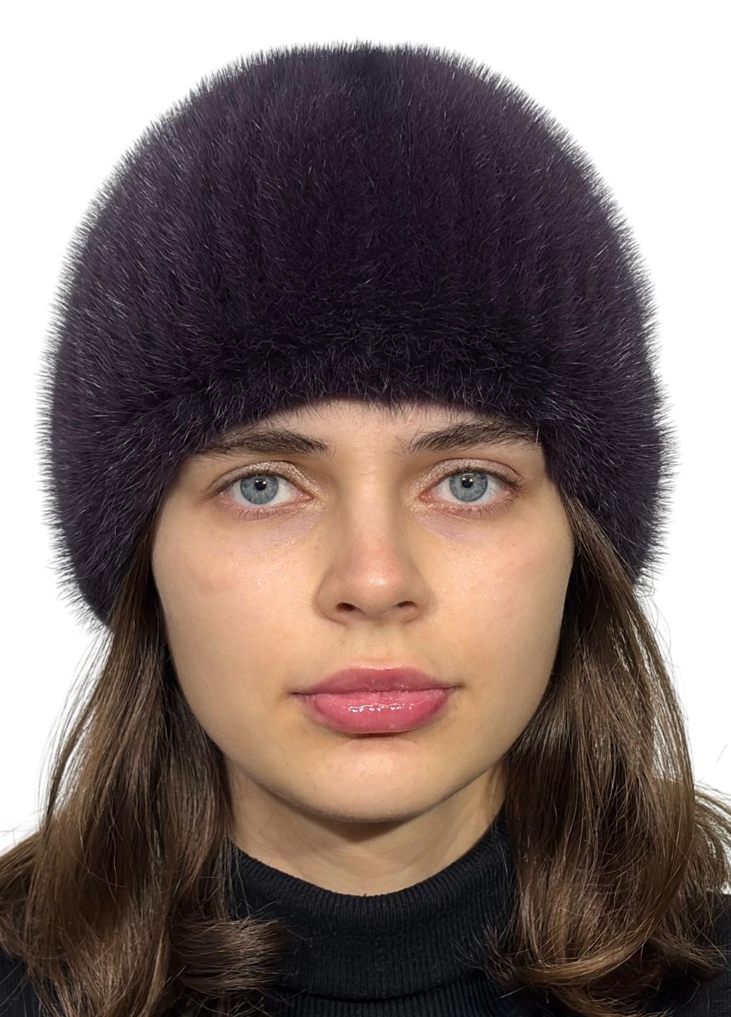 Шапка зимняя из вязаной норки Меховой стиль Шарик натуральный мех M-L Чайная роза (103/N)