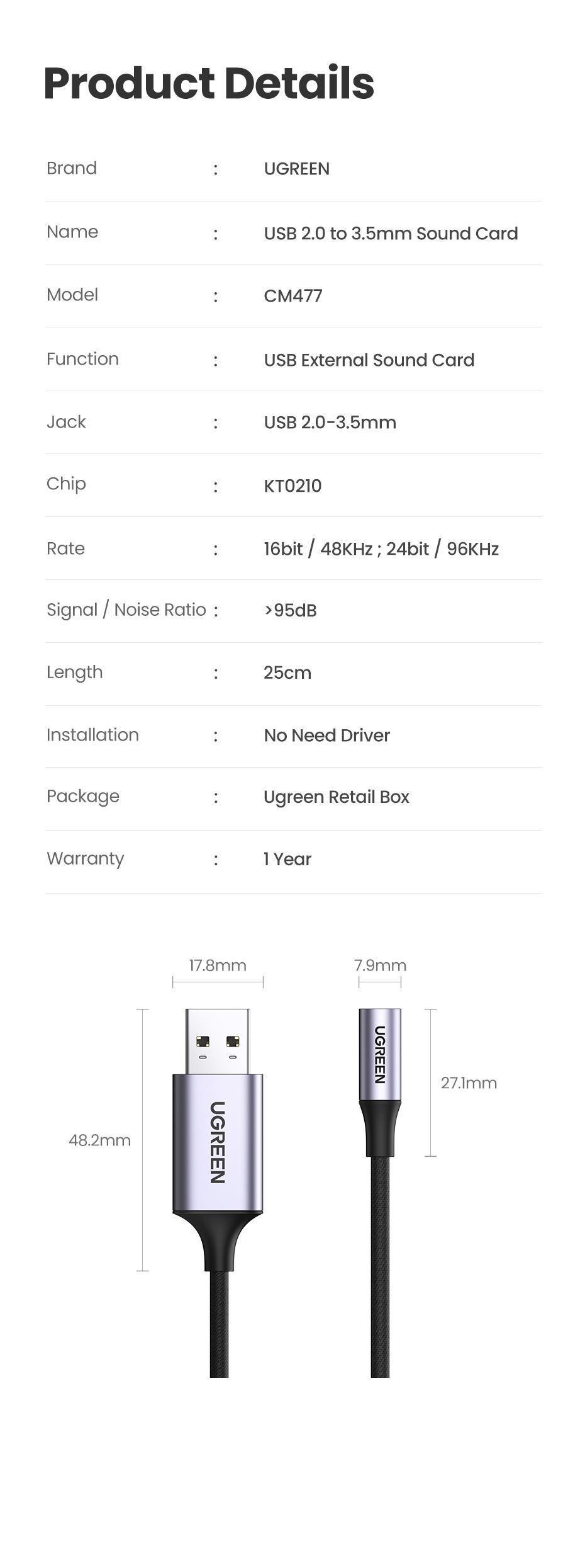 Звукова карта з підтримкою мікрофону UGREEN USB-3,5 мм minijack 24 біт/96 кГц TRRS AUX 4-піновий металевий Чорний (30757) - фото 9 Звукова карта з підтримкою мікрофону UGREEN USB-3,5 мм minijack 24 біт/96 кГц TRRS AUX 4-піновий металевий Чорний (30757) - фото 9