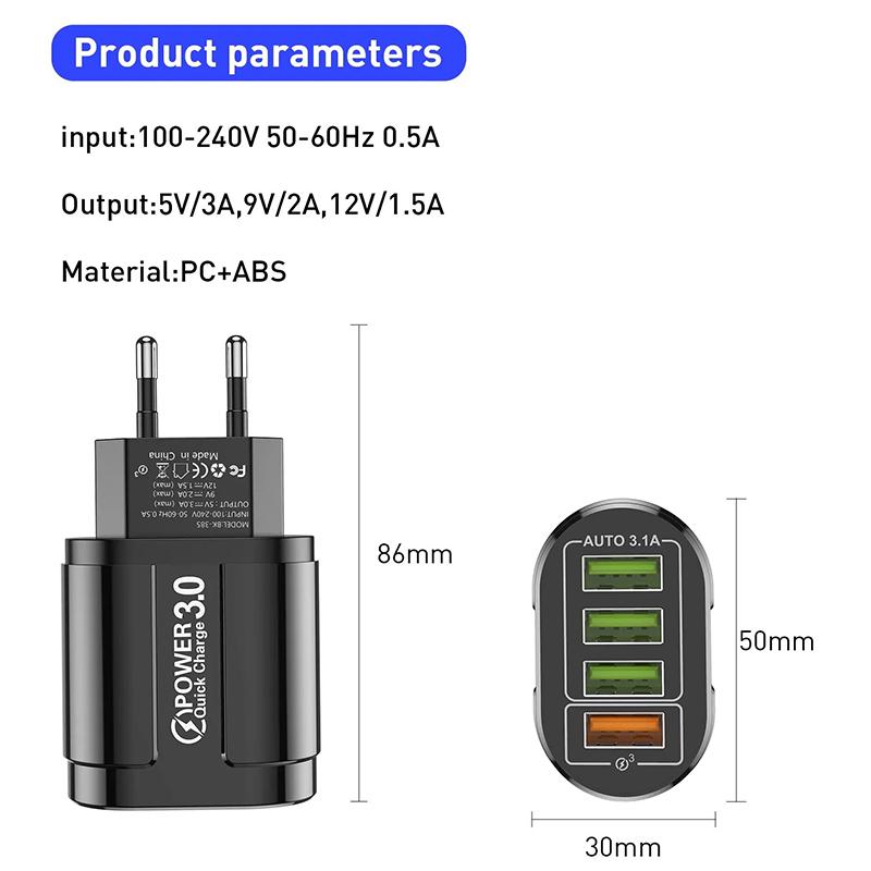 Блок питания для телефона USLION BK-385 с 4 USB-портами 48W быстрая зарядка QC 3.0 для Samsung/IPhone/Xiaomi/Redmi/Huawei/Realme (405-2-2222) - фото 9