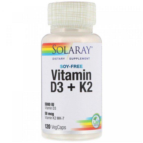 Комплекс Вітамін D3+K2 Solaray Soy-Free Vitamin D3 + K2 120 Veg Caps (SOR-57445)