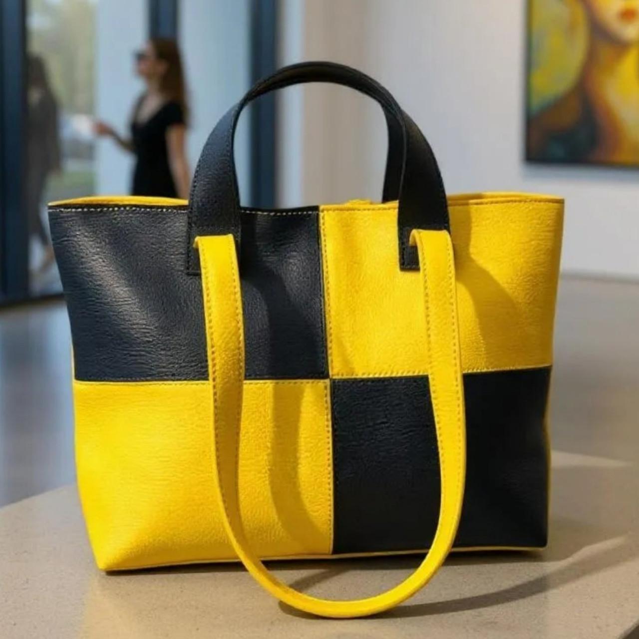 Сумка-шоппер стильная женская на плече большая экокожа вмещает A4 Синий с желтым