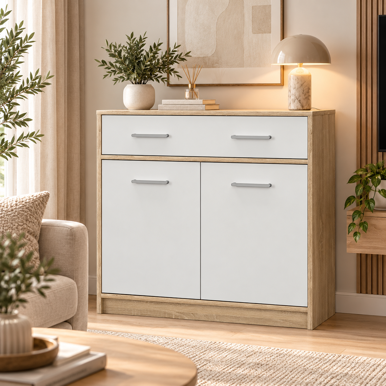 Комод Mebel Service 2Д1Ш Тирс с 2-мя дверцами и широким ящиком 83,4х34,3х85 см Дуб самоа/Белый (38378121)