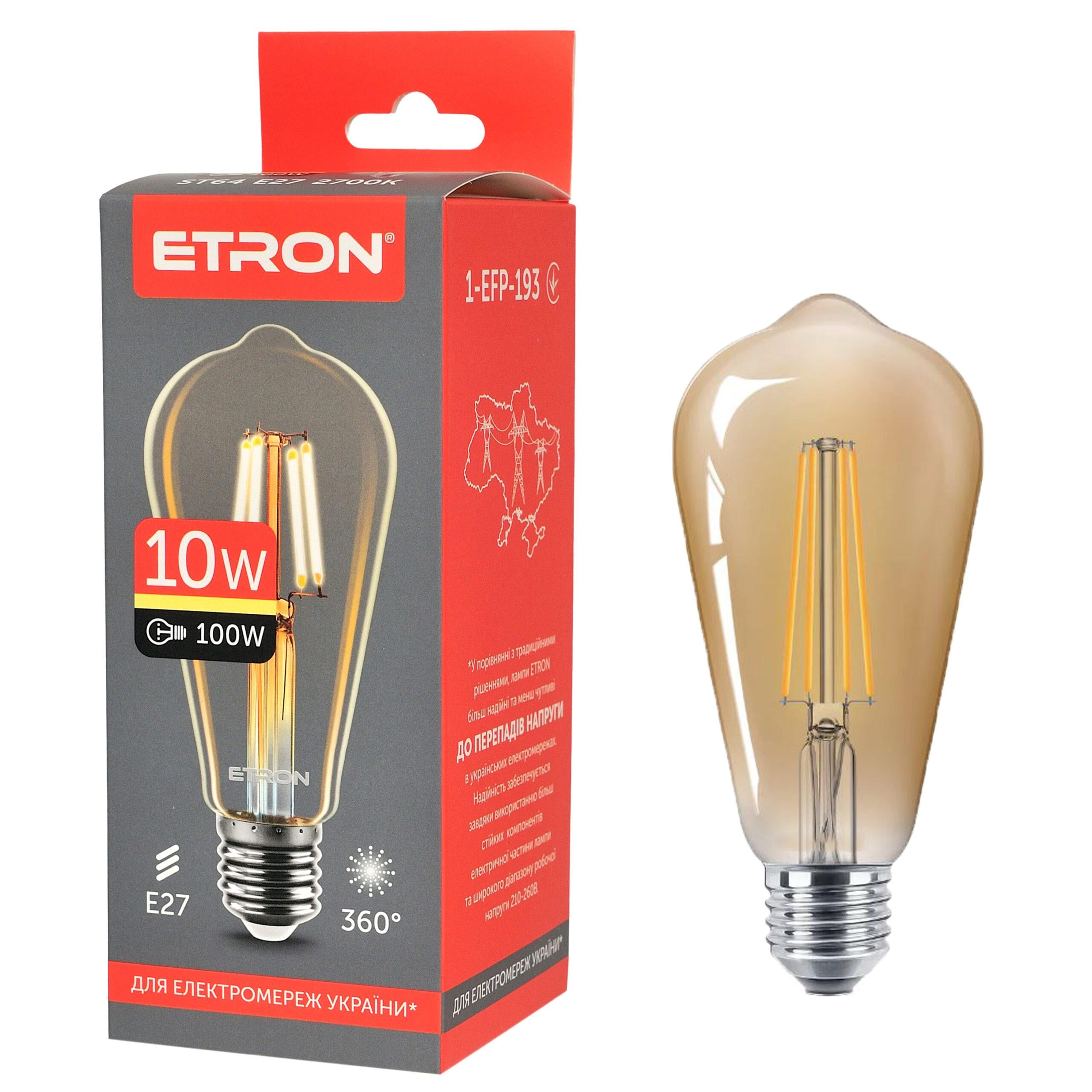 Світлодіодна лампа ETRON Filament ST64 10 Вт E27 2700K Золотий 1-EFP-193