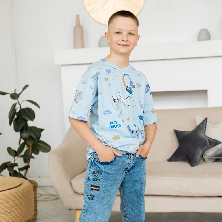 Футболка детская хлопковая для мальчика Gabbi Лагерь френд 140 см Голубой (12947)