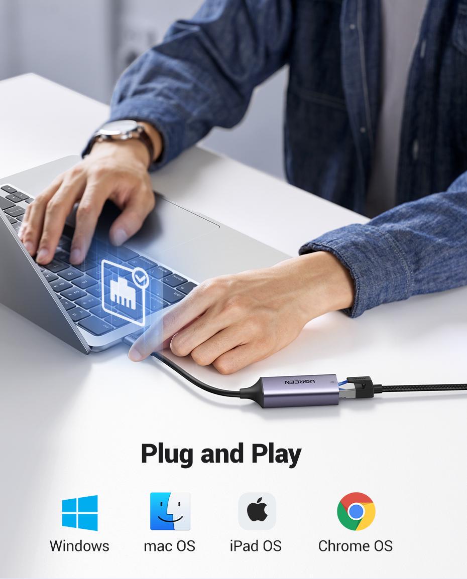 Мережева карта UGREEN Type-C-Ethernet 1 Гбіт/с LAN USB 3.1 Gen 1-C-RJ45 1000 Мбіт/с металевий Сірий (50737) - фото 3