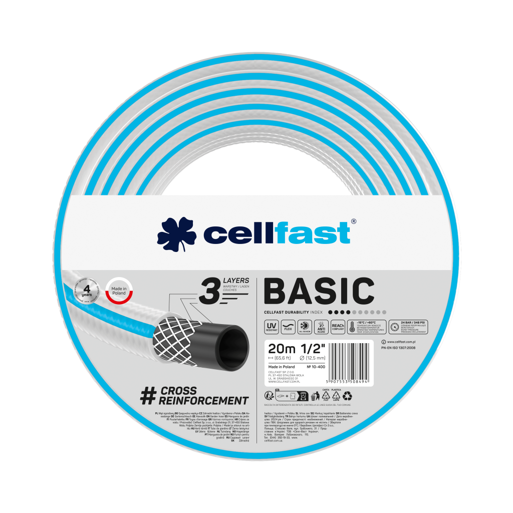 Поливочный шланг Cellfast BASIC TSV 1/2" 20 м прочный/износостойкий/легкий и гибкий для ежедневного полива