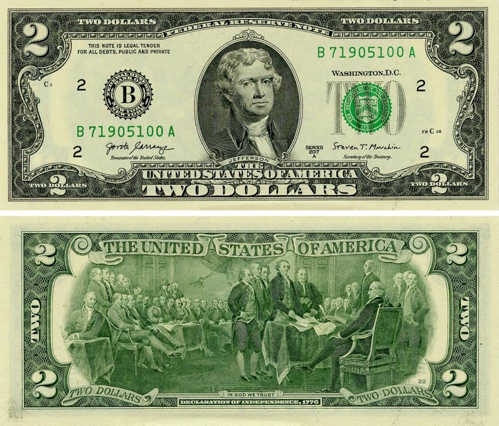 Коллекционная банкнота США 2 доллара 2017 UNC Т. Джефферсон B-Нью-Йорк (PW545)