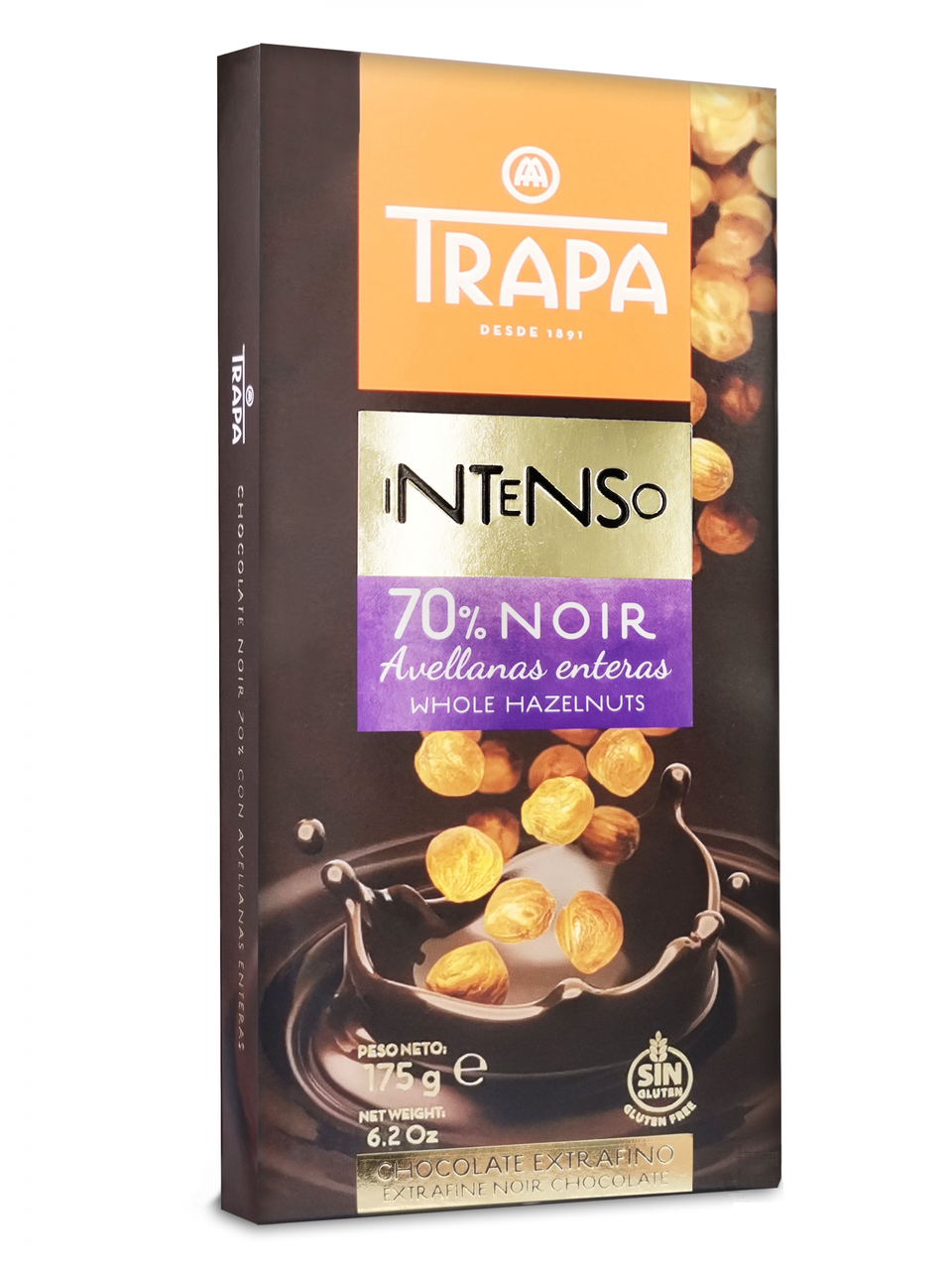 Шоколад без глютену Trapa Intenso Чорний з цільним фундуком 175 г (8410679232060)