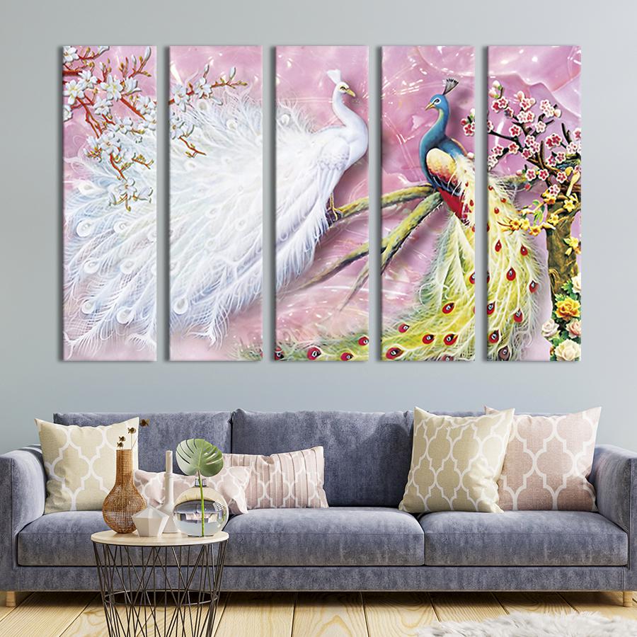 Модульна картина із 5 частин на холсті інтер'єрна картина Білий і синій павич 87х50 см (194-51)