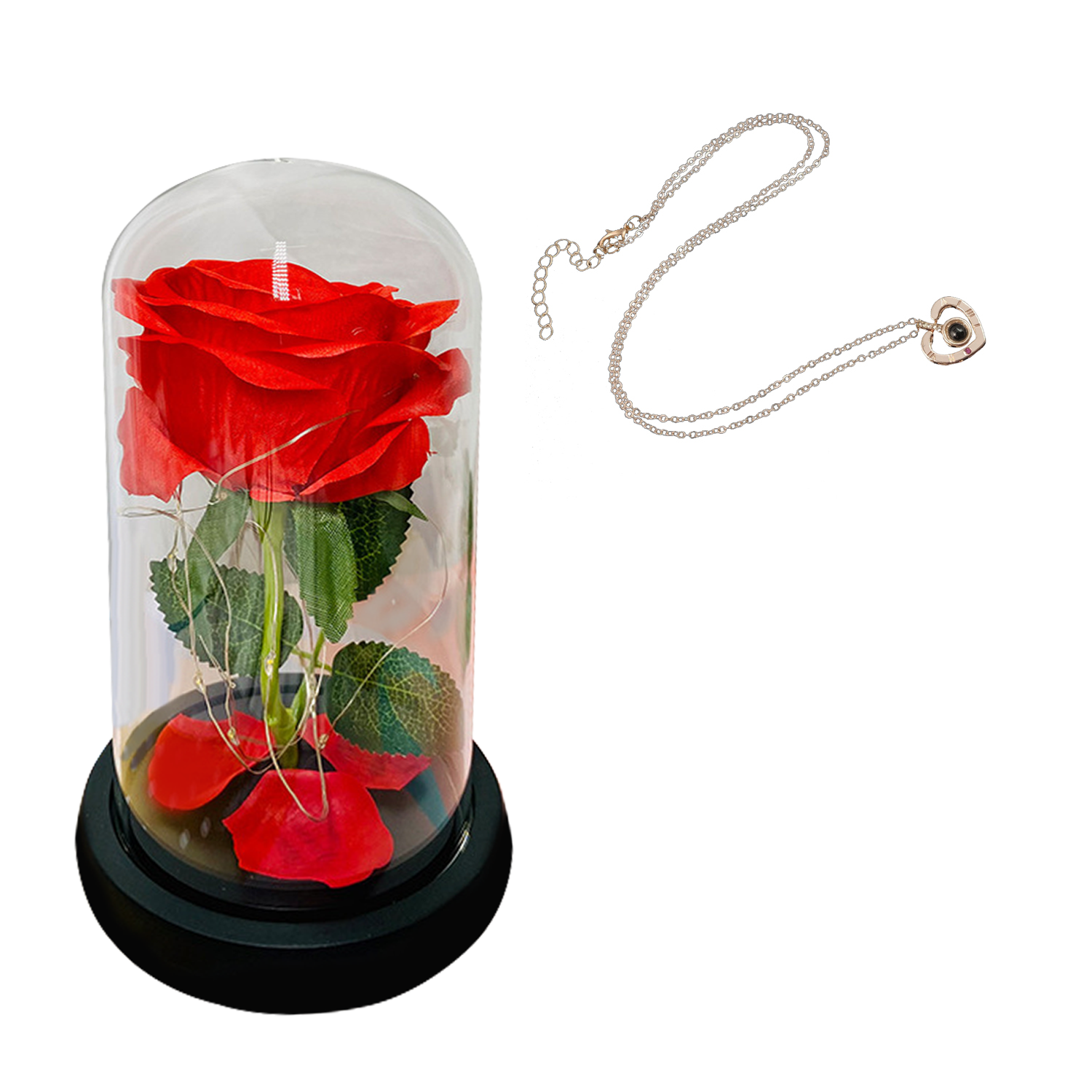 Роза в колбе под стеклянным куполом с подсветкой 20 см и кулон (f46e5975)