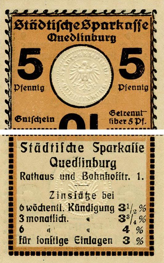 Коллекционная банкнота Германия Нотгельд 5 пфеннигов 1920 F-VF Кведлинбург Разновидность 1 (Б18393)